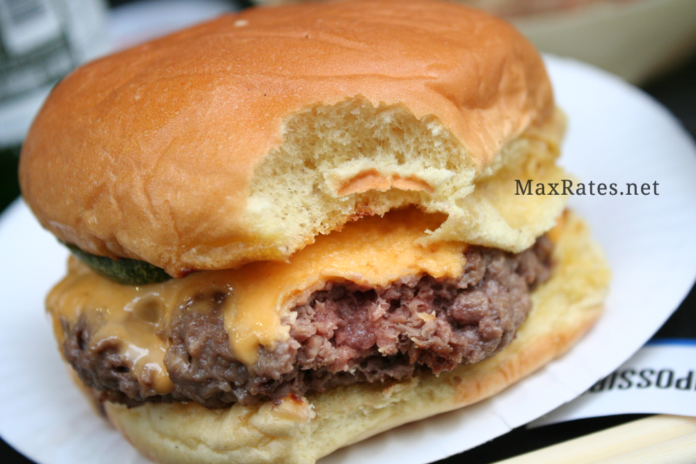 Park Bench Deli's Impossible Burger at Impossible Foods: Lau Pa Sat 2019, bitten into.