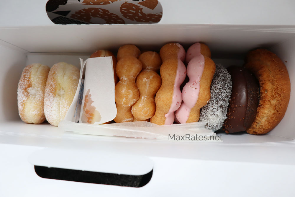 One of the boxes of doughnuts showing our Pon de Ring obsession and rough scale of the other doughnuts in comparison.