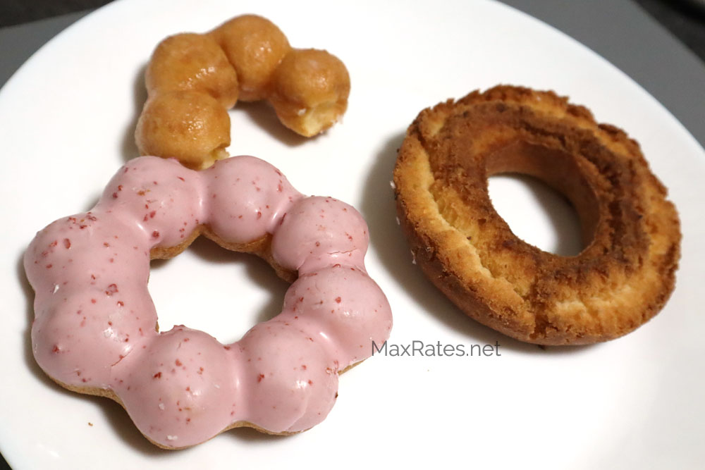 Strawberry Pon de Ring, Old Fashioned and a Pon de Ring half doughnuts from Mister Donut.